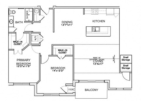 Floor plan for 2 beds, 1 bath, 1234 sqft